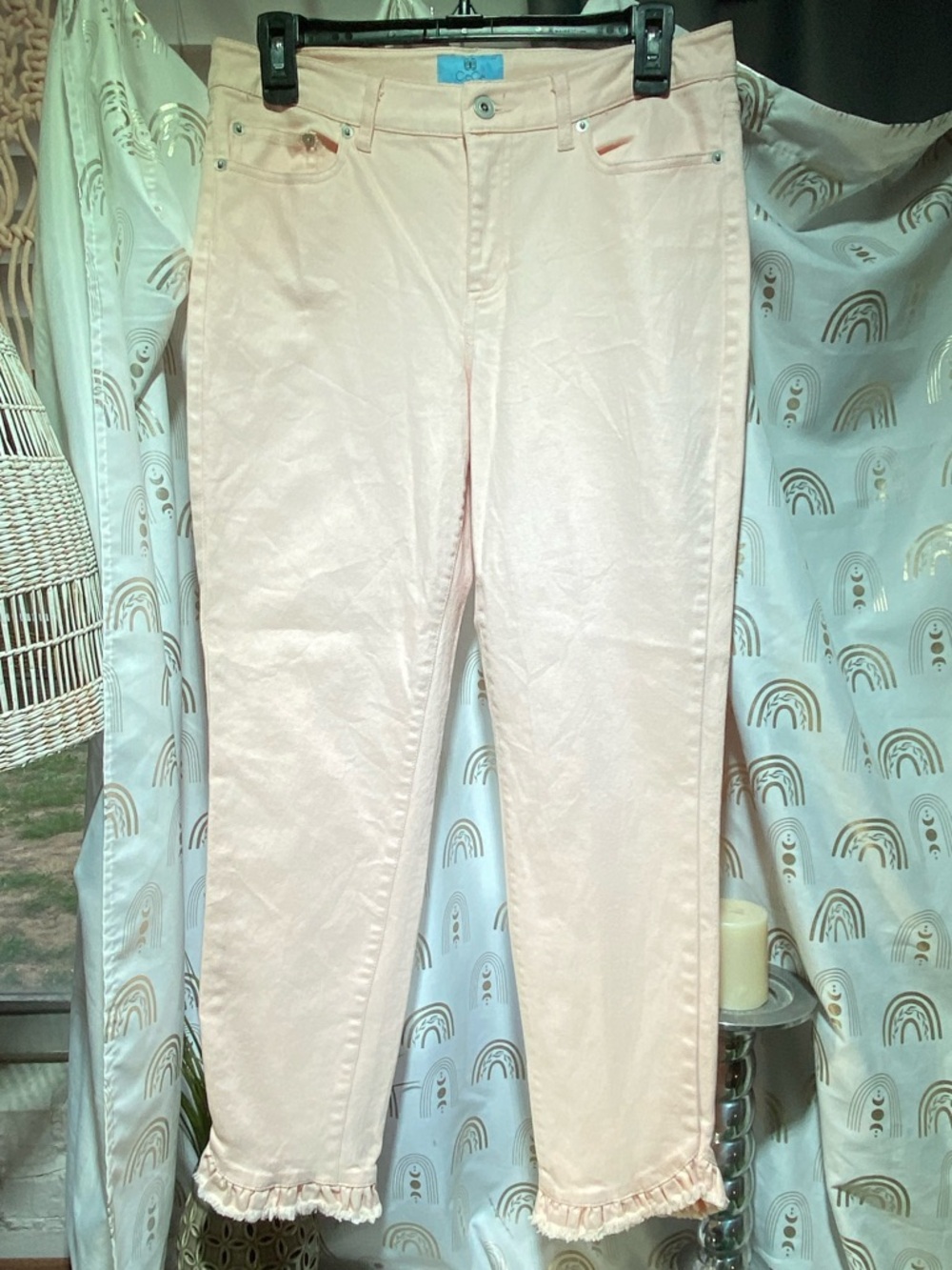 CeCe Pastel Pink Ruffle-Hem Ankle Jeans